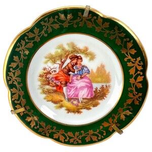 Limoges Miniature Plate Victorian Courting Couple Green and Gold 3-3/8” France